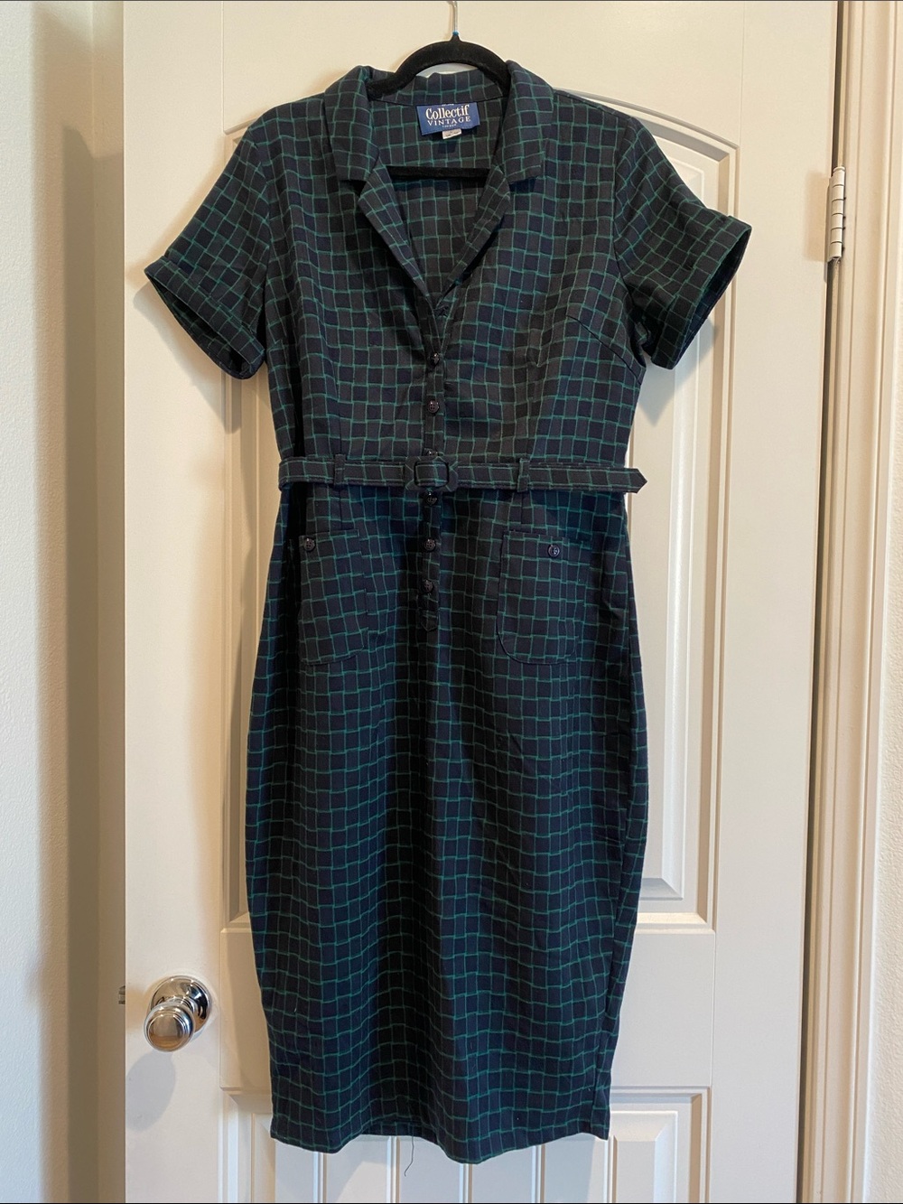 Collectif Dark Green Windowpane Short-Sleeve Midi Dress with Belt